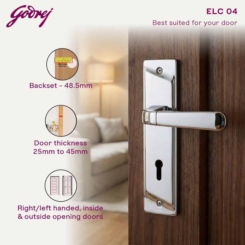 Godrej Mortise Lock|Handle Lock Set for Main and Internal Door I Eco Pin Cylinder|7 Inch Lockbody|ELC 04 6-Lever Zinc Alloy|3 Keys Isilver Finish|5Yr Warranty